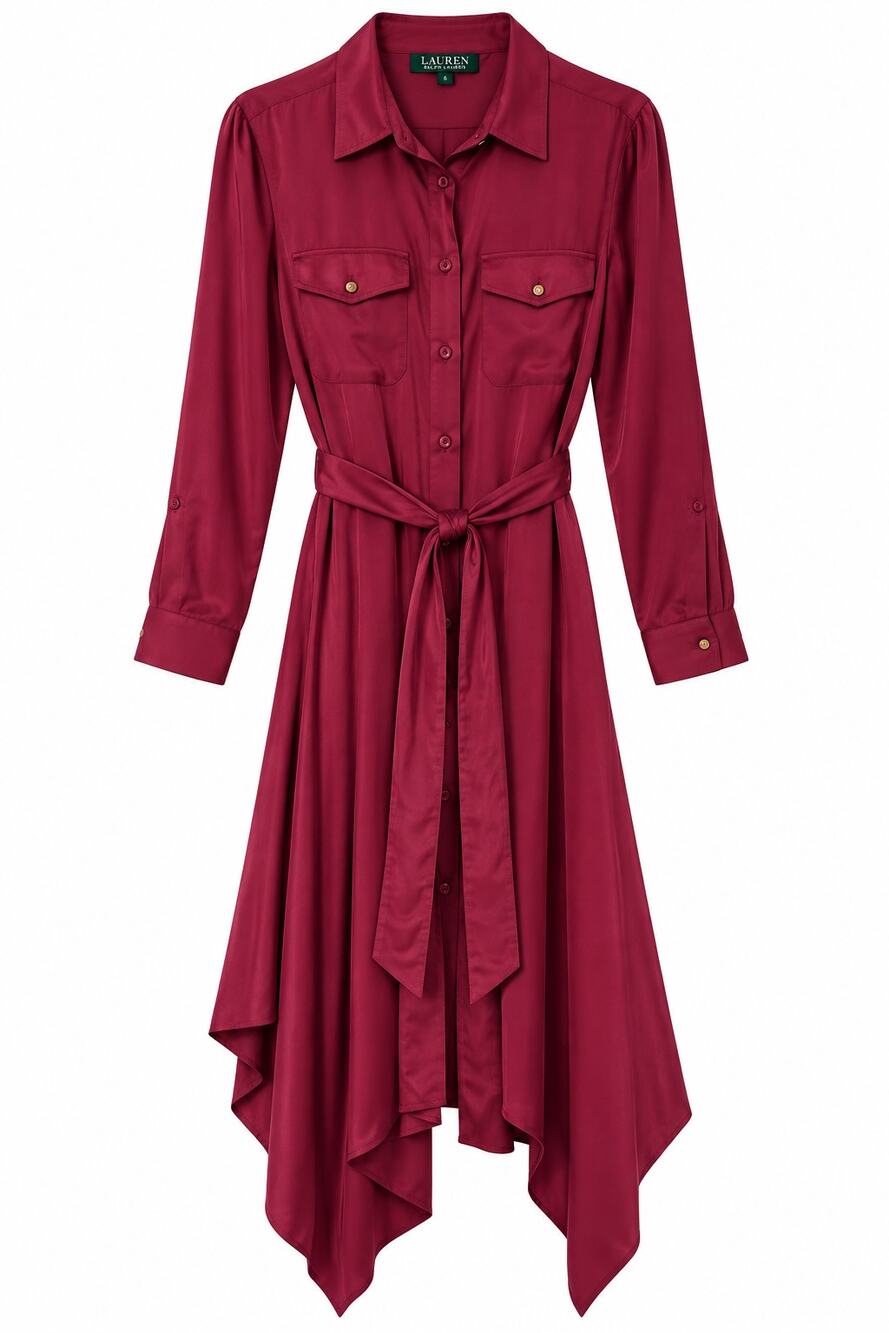 Lauren Ralph Lauren Maxi Shirt Dress 16W Cranberry Satin Long Sleeve Tie Waist